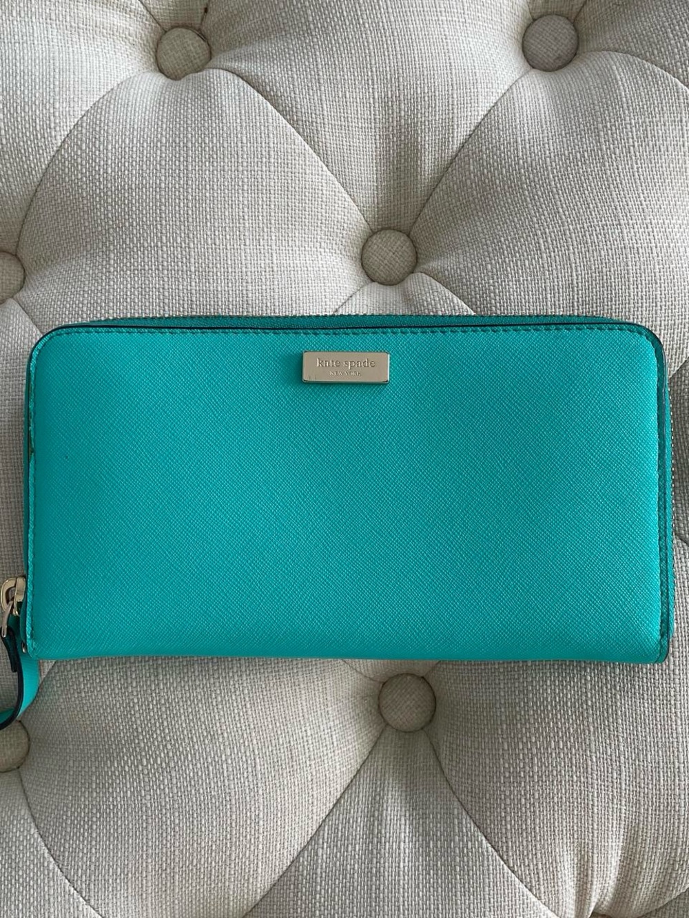 kate spade turquoise zip-around saffiano wallet